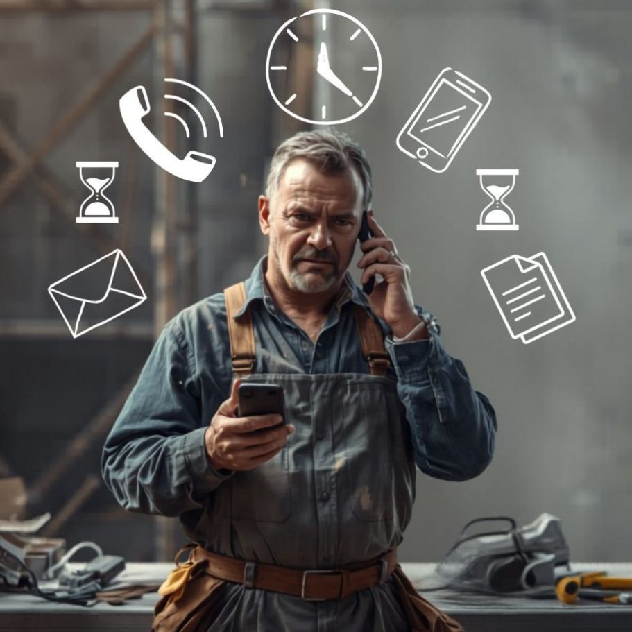 Mehr Kommunikation als Handwerk Handwerker spricht telefonierend und hält Handy in der Hand, umgeben von Symbolen für Zeitmanagement und Kommunikation.